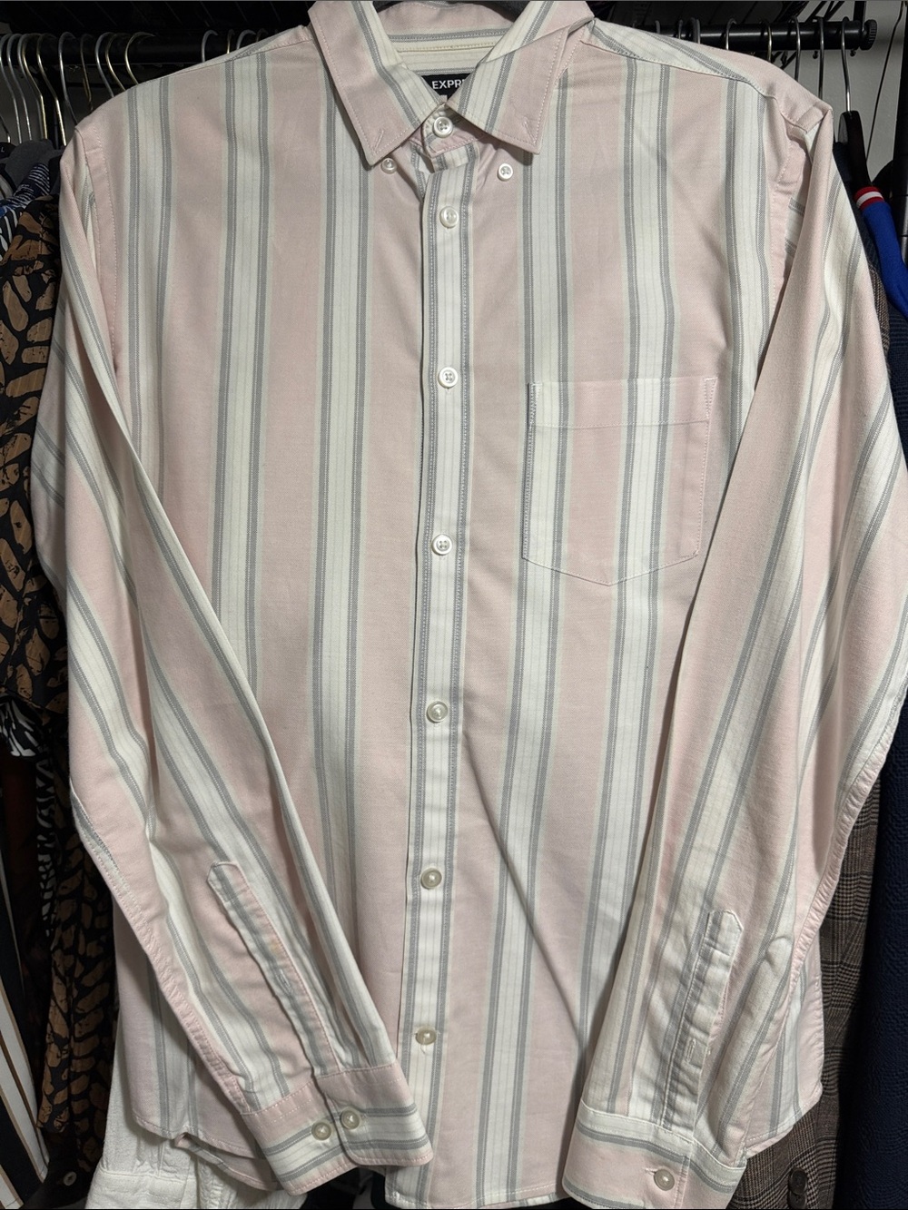 Express Men’s Pink and Gray Vertical Stripe Button-Down Shirt